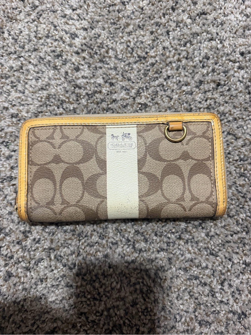 Coach Signature Card Holder Wallet in Beige with Yellow Trim
